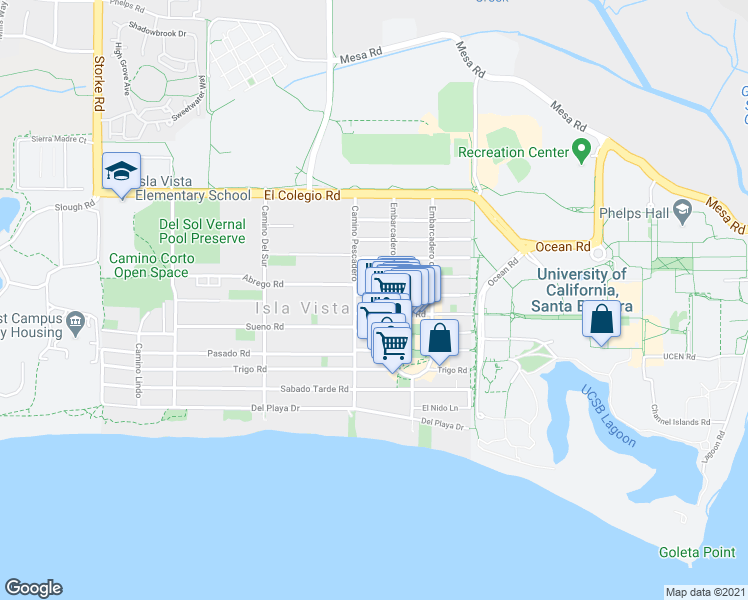 map of restaurants, bars, coffee shops, grocery stores, and more near 6581 Pardall Road in Goleta