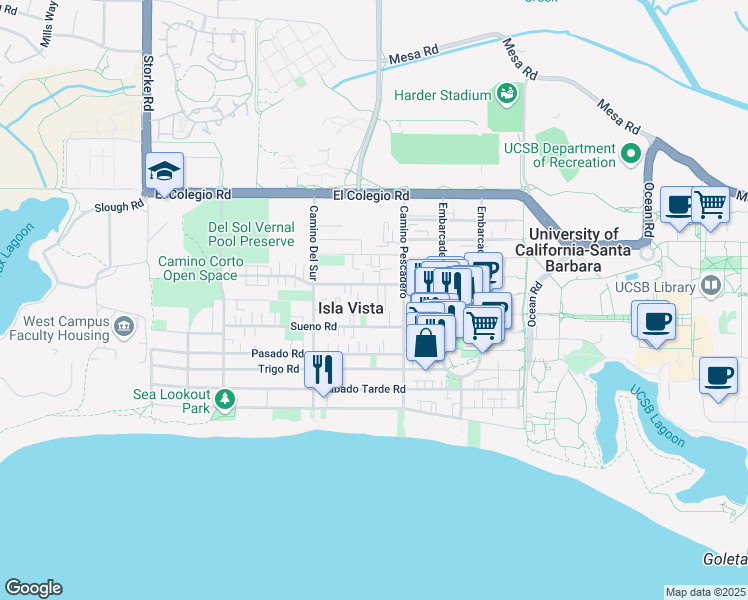 map of restaurants, bars, coffee shops, grocery stores, and more near in Isla Vista