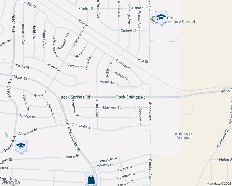 map of restaurants, bars, coffee shops, grocery stores, and more near 19084 Rock Springs Road in Hesperia