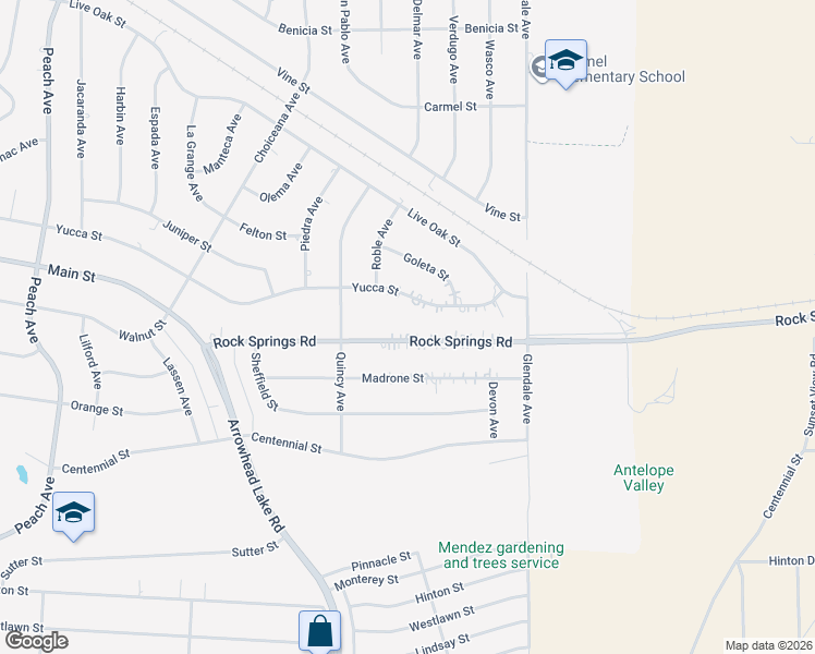 map of restaurants, bars, coffee shops, grocery stores, and more near 19095 Rock Springs Road in Hesperia