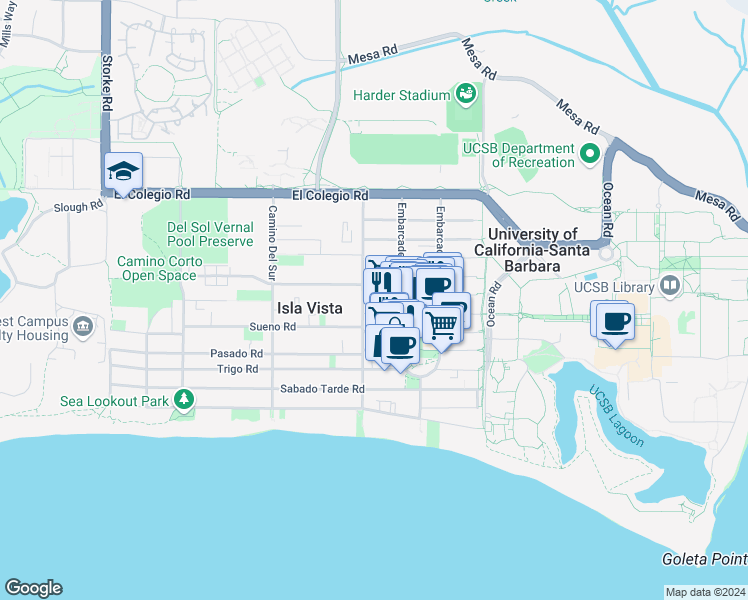 map of restaurants, bars, coffee shops, grocery stores, and more near 6581 Pardall Road in Goleta