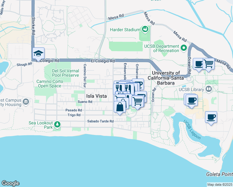 map of restaurants, bars, coffee shops, grocery stores, and more near 6591 Cordoba Road in Isla Vista