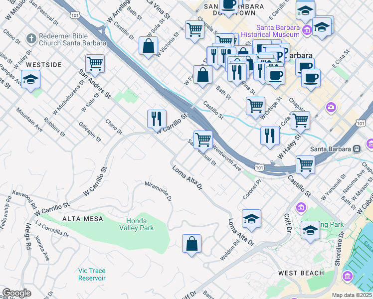 map of restaurants, bars, coffee shops, grocery stores, and more near 613 West Canon Perdido Street in Santa Barbara