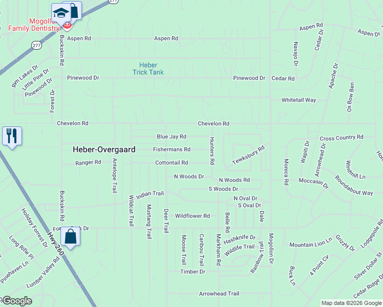 map of restaurants, bars, coffee shops, grocery stores, and more near 2142 Cottontail Road in Heber-Overgaard