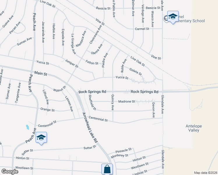 map of restaurants, bars, coffee shops, grocery stores, and more near 18936 Rock Springs Road in Hesperia