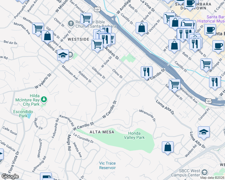map of restaurants, bars, coffee shops, grocery stores, and more near 925 West Anapamu Street in Santa Barbara