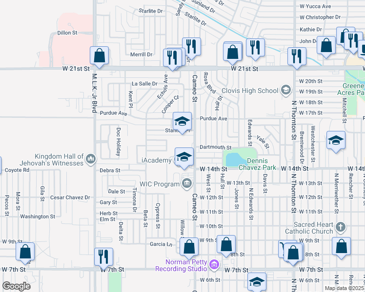map of restaurants, bars, coffee shops, grocery stores, and more near 1500 Cameo Street in Clovis