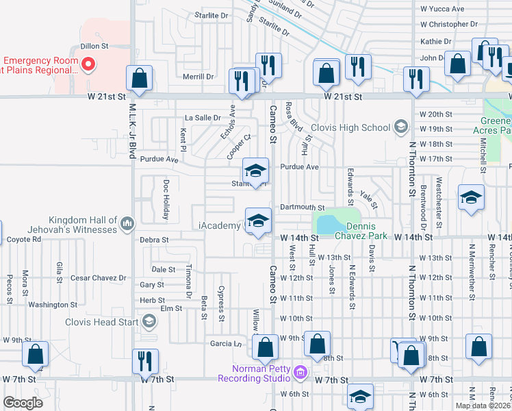 map of restaurants, bars, coffee shops, grocery stores, and more near 1500 Cameo Street in Clovis