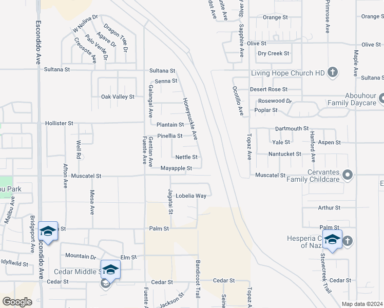map of restaurants, bars, coffee shops, grocery stores, and more near 13924 Nettle Street in Hesperia