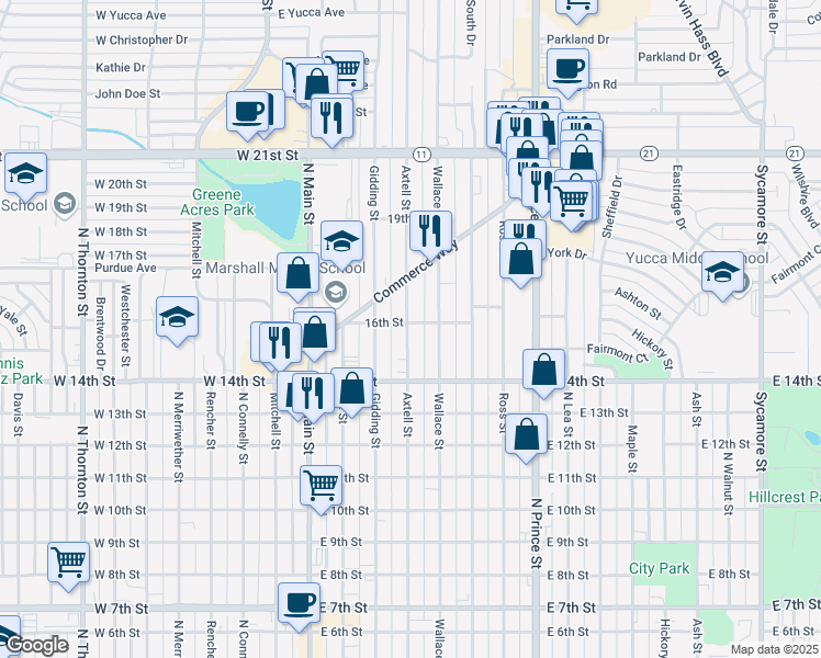 map of restaurants, bars, coffee shops, grocery stores, and more near 401 16th Street in Clovis