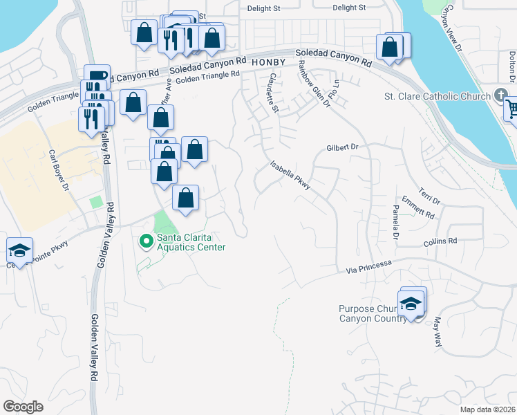 map of restaurants, bars, coffee shops, grocery stores, and more near 20334 Colina Drive in Santa Clarita