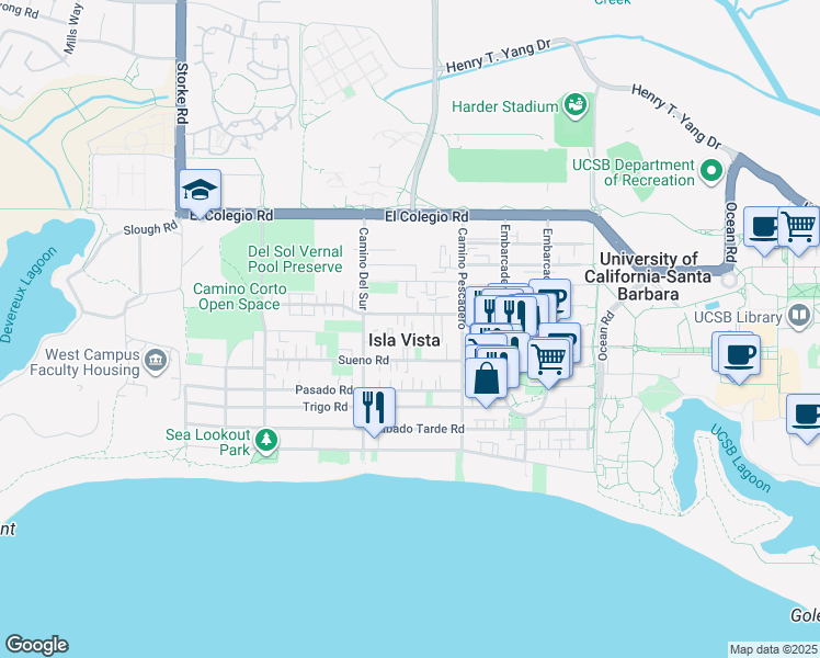 map of restaurants, bars, coffee shops, grocery stores, and more near in Isla Vista