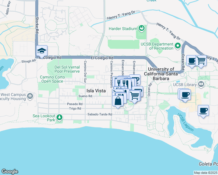 map of restaurants, bars, coffee shops, grocery stores, and more near 851 Camino Pescadero in Goleta