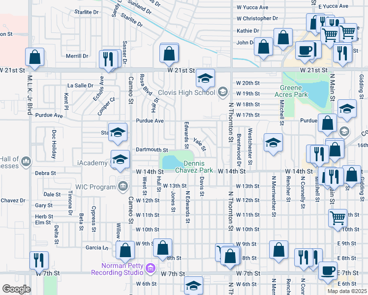 map of restaurants, bars, coffee shops, grocery stores, and more near 514 Edwards Street in Clovis
