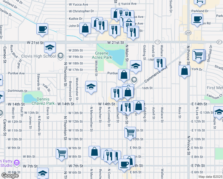 map of restaurants, bars, coffee shops, grocery stores, and more near 1400-1598 Mitchell Street in Clovis