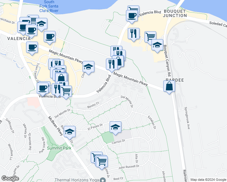 map of restaurants, bars, coffee shops, grocery stores, and more near 225 La Vita Court in Santa Clarita