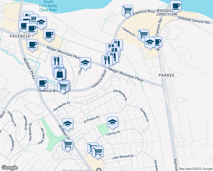 map of restaurants, bars, coffee shops, grocery stores, and more near 225 La Vita Court in Santa Clarita