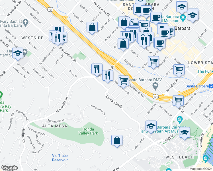 map of restaurants, bars, coffee shops, grocery stores, and more near 935 San Andres Street in Santa Barbara