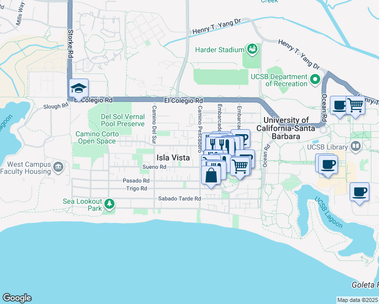 map of restaurants, bars, coffee shops, grocery stores, and more near 6621 Abrego Road in Isla Vista