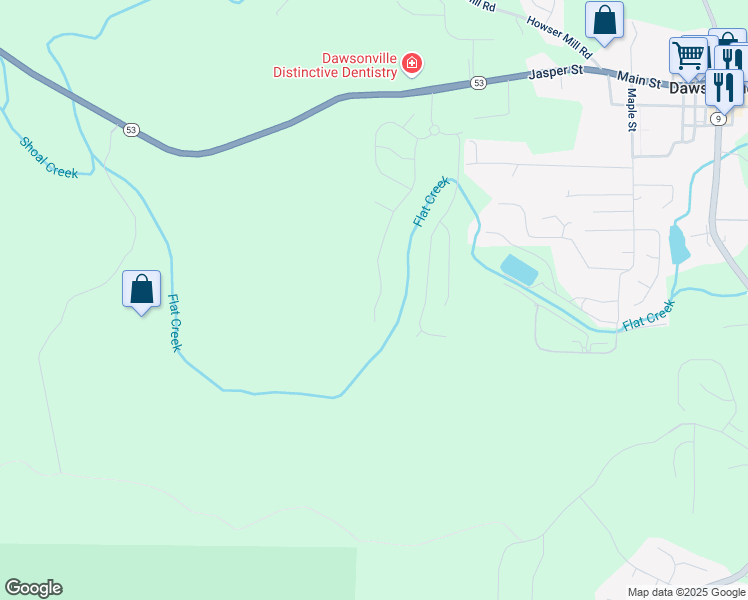 map of restaurants, bars, coffee shops, grocery stores, and more near 434 Flowing Trail in Dawsonville