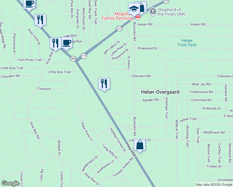 map of restaurants, bars, coffee shops, grocery stores, and more near 2055 Cherokee Strip Road in Heber-Overgaard