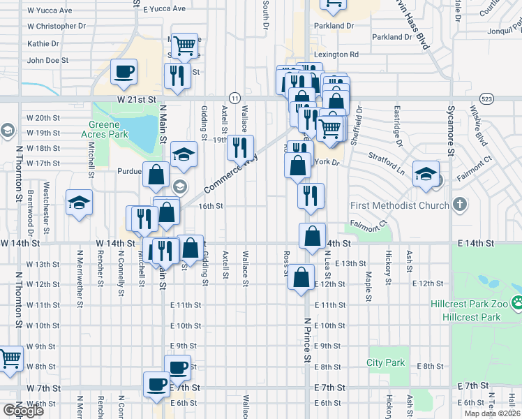 map of restaurants, bars, coffee shops, grocery stores, and more near 1425 Wallace Street in Clovis
