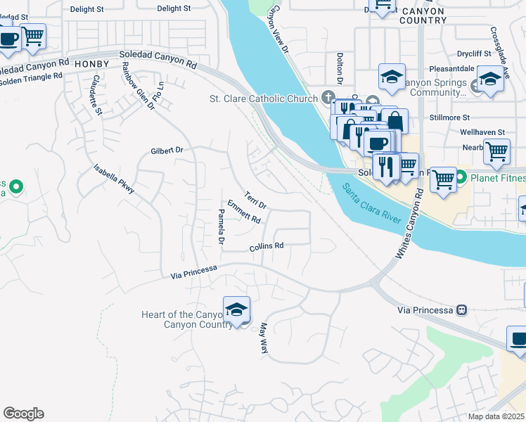 map of restaurants, bars, coffee shops, grocery stores, and more near 19810 Terri Drive in Santa Clarita