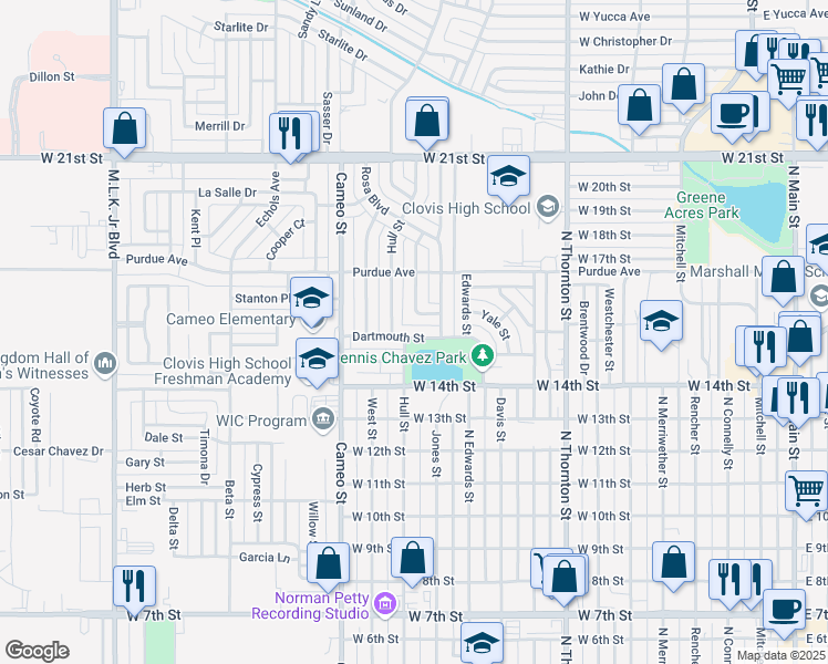 map of restaurants, bars, coffee shops, grocery stores, and more near 1212 Dartmouth Street in Clovis