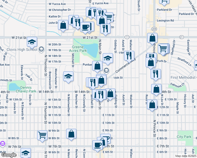 map of restaurants, bars, coffee shops, grocery stores, and more near 1460 North Main Street in Clovis