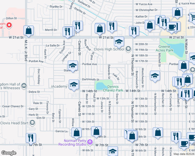 map of restaurants, bars, coffee shops, grocery stores, and more near 1210 Dartmouth Street in Clovis