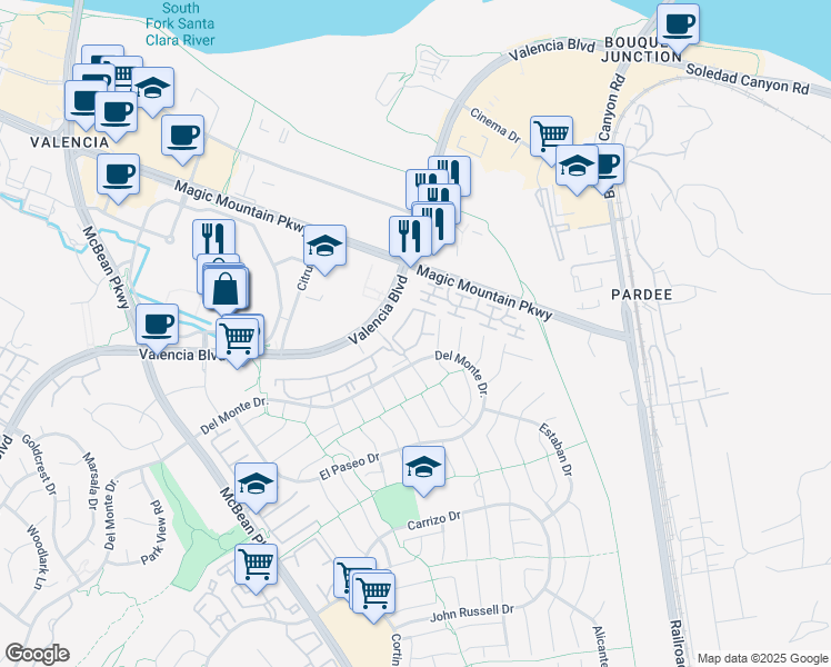 map of restaurants, bars, coffee shops, grocery stores, and more near 23621 Del Monte Drive in Santa Clarita