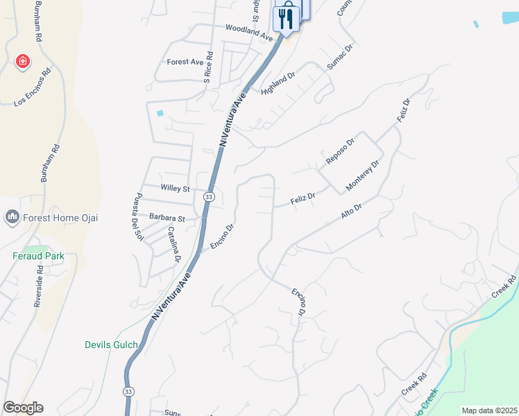map of restaurants, bars, coffee shops, grocery stores, and more near 20 Del Valle Street in Oak View