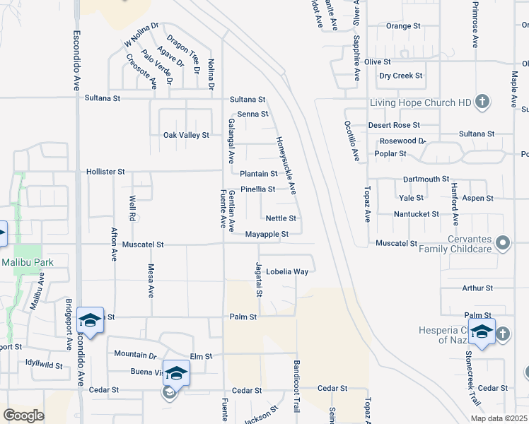 map of restaurants, bars, coffee shops, grocery stores, and more near 8943 Hydrangea Avenue in Hesperia