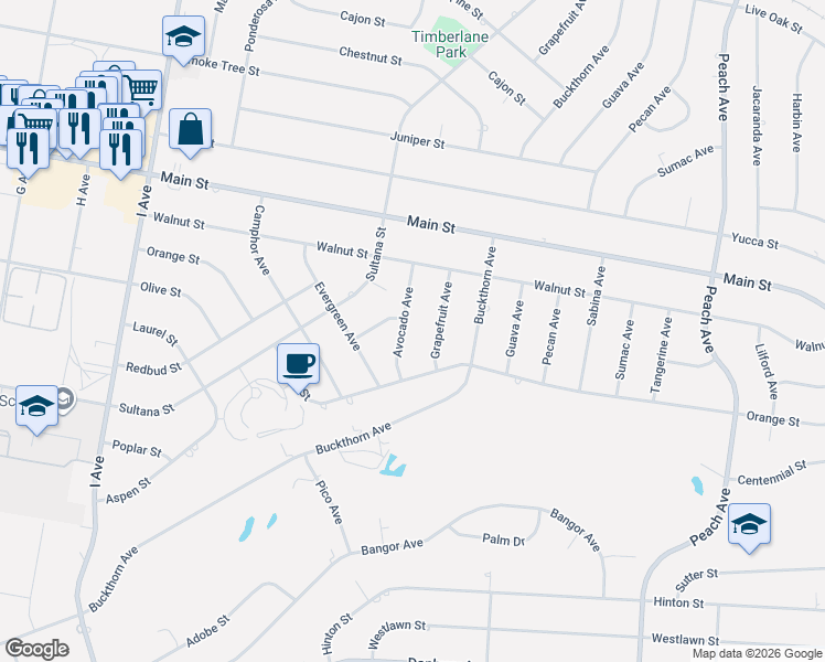 map of restaurants, bars, coffee shops, grocery stores, and more near 8981 Avocado Avenue in Hesperia