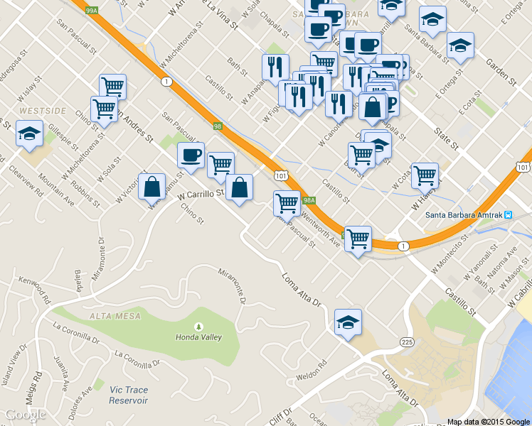 map of restaurants, bars, coffee shops, grocery stores, and more near 904 San Pascual Street in Santa Barbara