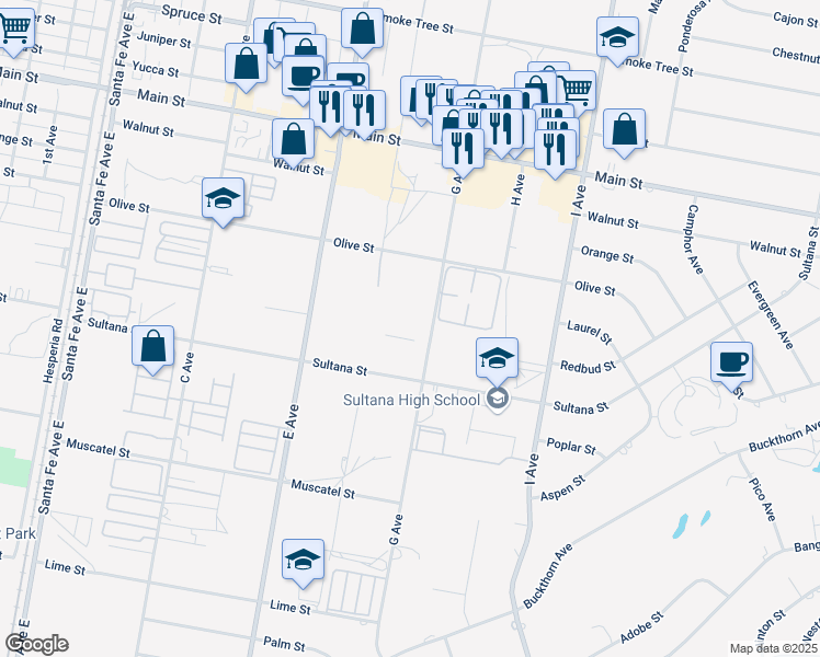 map of restaurants, bars, coffee shops, grocery stores, and more near 8956 G Avenue in Hesperia