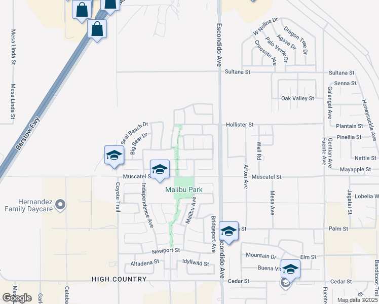 map of restaurants, bars, coffee shops, grocery stores, and more near 9037 Calico Court in Hesperia