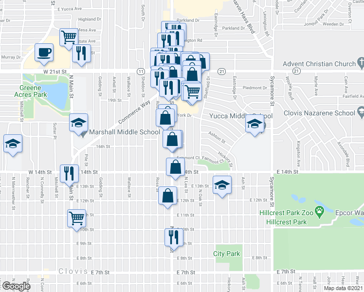 map of restaurants, bars, coffee shops, grocery stores, and more near 1604 North Lea Street in Clovis