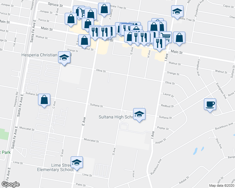 map of restaurants, bars, coffee shops, grocery stores, and more near 8956 G Avenue in Hesperia