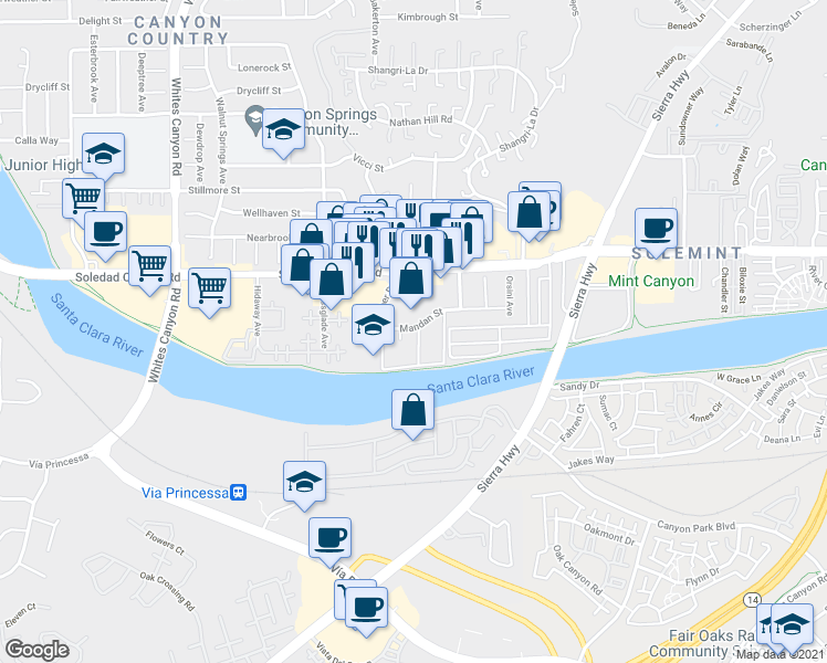 map of restaurants, bars, coffee shops, grocery stores, and more near 18740 Mandan Street in Santa Clarita