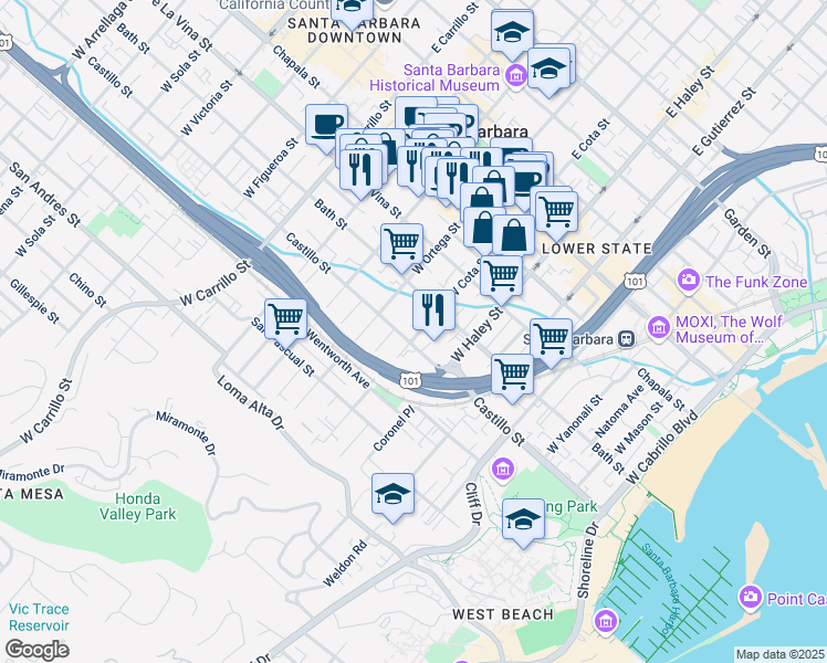 map of restaurants, bars, coffee shops, grocery stores, and more near 630 Castillo Street in Santa Barbara