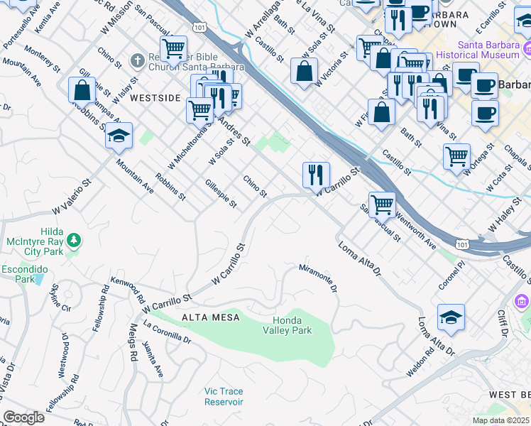 map of restaurants, bars, coffee shops, grocery stores, and more near 1135 Chino Street in Santa Barbara