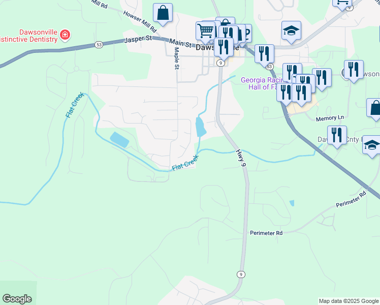 map of restaurants, bars, coffee shops, grocery stores, and more near 215 Pearl Chambers Drive in Dawsonville