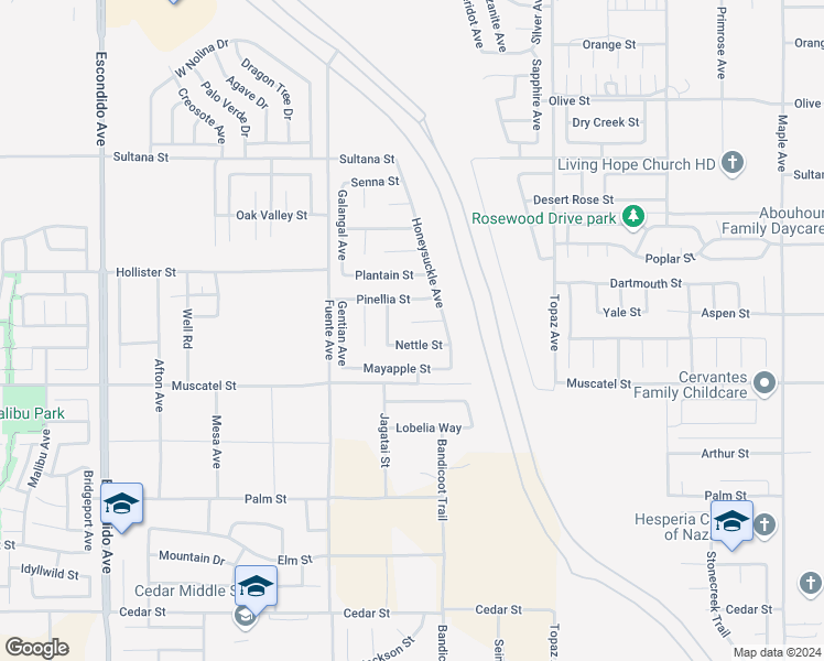 map of restaurants, bars, coffee shops, grocery stores, and more near 13897 Periwinkle Court in Hesperia