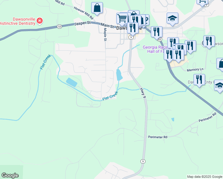 map of restaurants, bars, coffee shops, grocery stores, and more near 215 Pearl Chambers Drive in Dawsonville