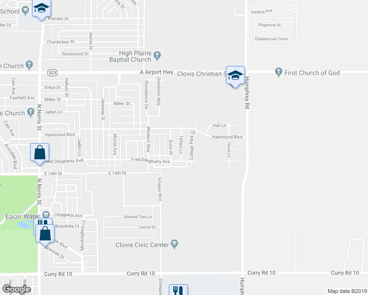 map of restaurants, bars, coffee shops, grocery stores, and more near 1713 Tiffani Lane in Clovis