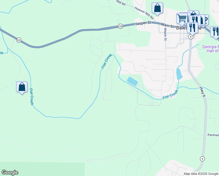 map of restaurants, bars, coffee shops, grocery stores, and more near 91 West Hightower Drive in Dawsonville