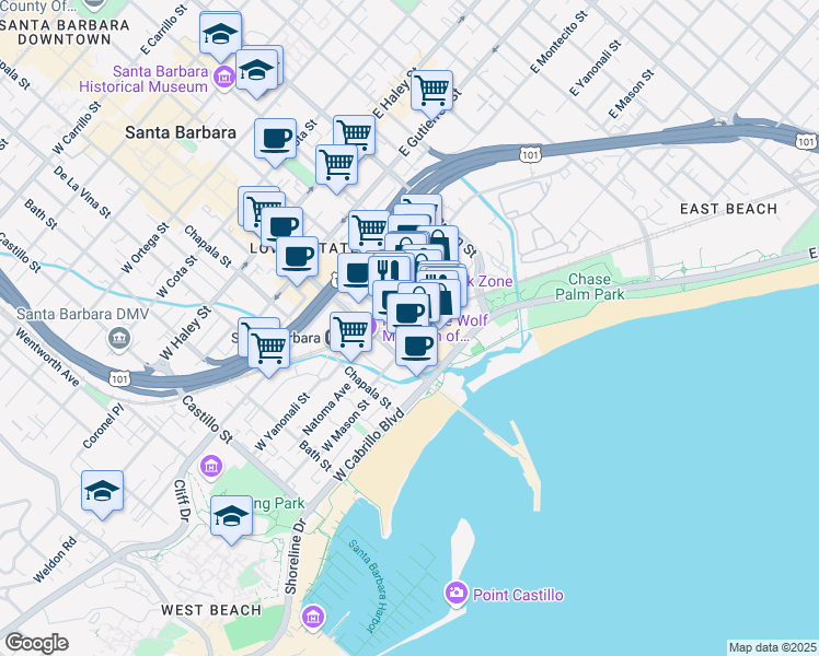 map of restaurants, bars, coffee shops, grocery stores, and more near 110 Anacapa Street in Santa Barbara