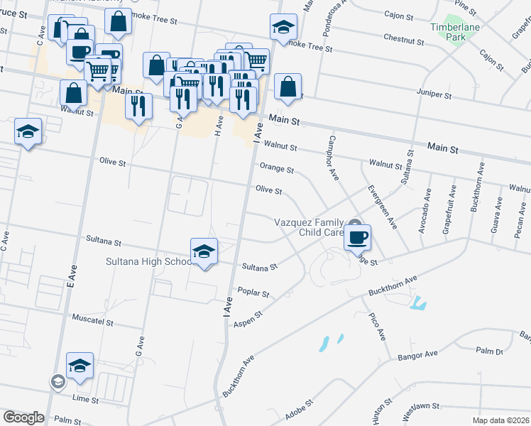 map of restaurants, bars, coffee shops, grocery stores, and more near 17434 Laurel Street in Hesperia
