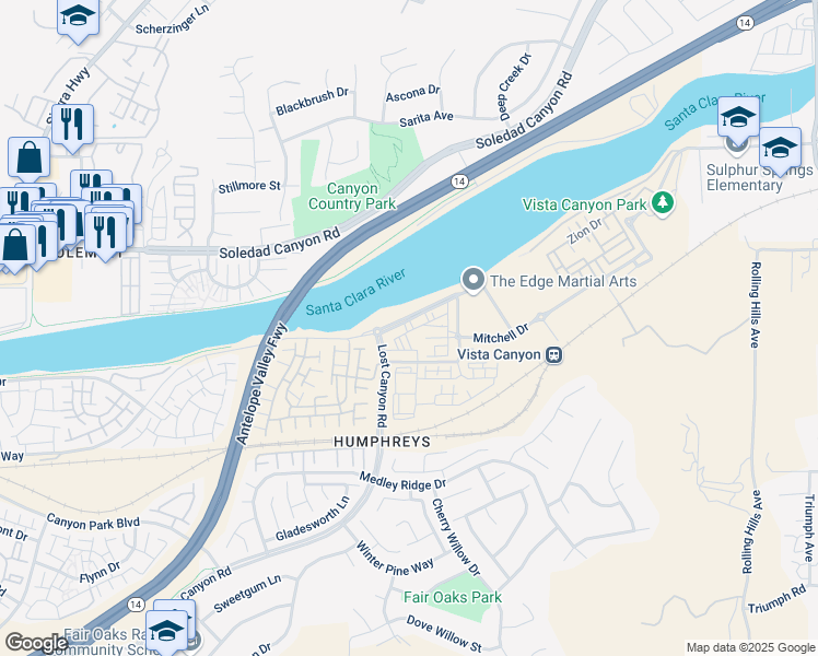 map of restaurants, bars, coffee shops, grocery stores, and more near 17350 Humphreys Parkway in Santa Clarita